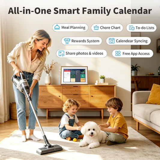 Digital Calendar, 10.1 Inch Electronic Calendar for Family Schedules, Smart Touchscreen Interactive Family Planner with Chore Chart, Meal Planner, Digital Picture Display, Gift for Mom Dad Mother (Wood Grain Color)