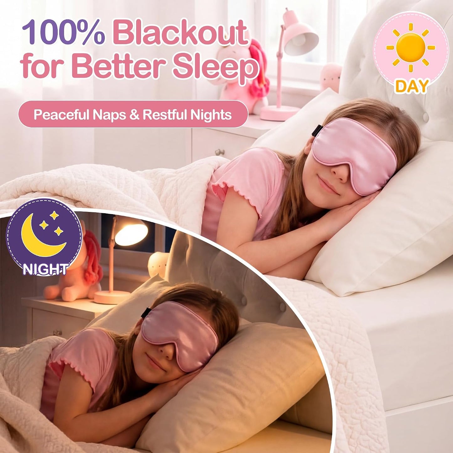 Kids Sleep Mask, Soft Eye Mask for Boys Girls with Adjustable Strap, Silk Light Blocking Sleeping Mask for Naps, Travel and Night Sleep, Includes Laundry Bag (Black)