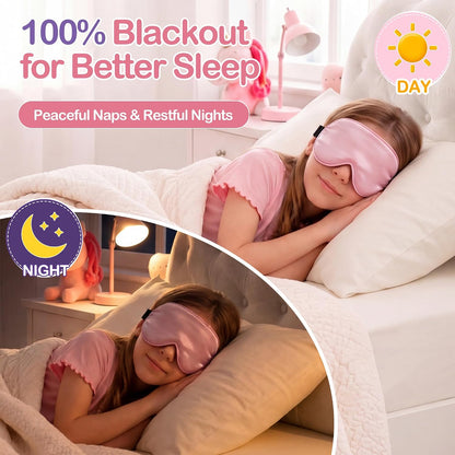 Kids Sleep Mask, Soft Eye Mask for Boys Girls with Adjustable Strap, Silk Light Blocking Sleeping Mask for Naps, Travel and Night Sleep, Includes Laundry Bag (Black)