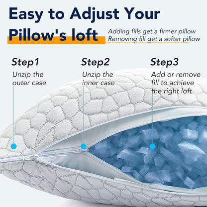 QUTOOL Cooling Pillow for Sleeping, CertiPUR-US Shredded Memory Foam Queen Pillows Set of 2, Cool Pillow for Hot Sleepers Adjustable Firm Pillow for Side, Back, Stomach Sleepers Soft Yet Support,White