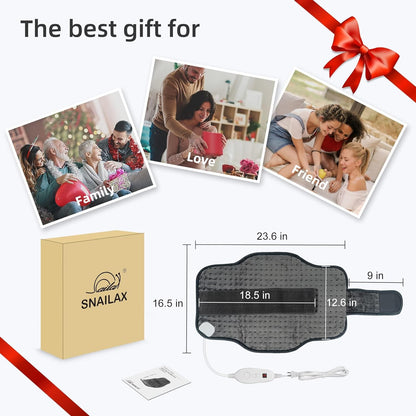 Snailax Heating Pad for Back Pain Relief，Electric Heat Pad for Period Cramps, Neck, Shoulders, Heated Pad with Adjustable Strap, 6 Heat Levels, Auto Shut Off, 16”x24”,Washable,Gifts for Man Dad