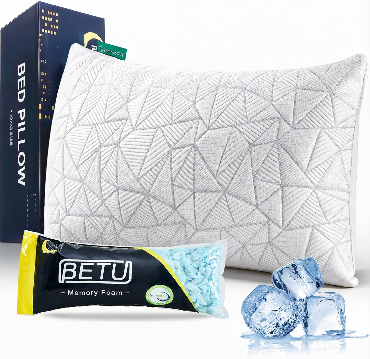 BETU Cooling Pillow Queen Size, Shredded Memory Foam Pillow for Hot Sleepers, Adjustable Firm Soft Support Pillows, Cool Bed Pillows for Side Back Stomach Sleeping Sleepers, gifts for boyfriend, White