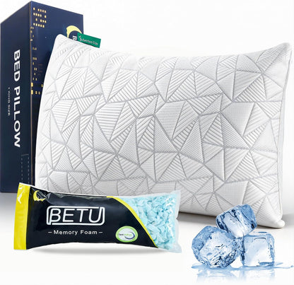 BETU Cooling Pillow Queen Size, Shredded Memory Foam Pillow for Hot Sleepers, Adjustable Firm Soft Support Pillows, Cool Bed Pillows for Side Back Stomach Sleeping Sleepers, gifts for boyfriend, White