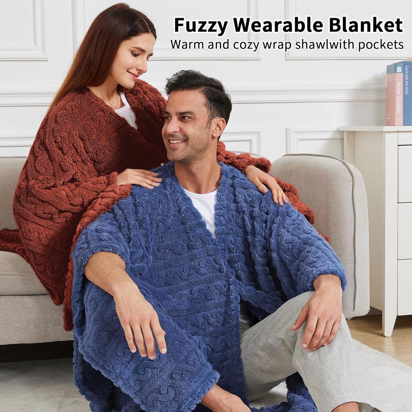 Wearable Blanket Poncho Cape Wrap for Adult, Cozy Sherpa Fleece Pocketed Shawl TV Throw Blankets for Office and Lounge(Purple,58'' x 64'')