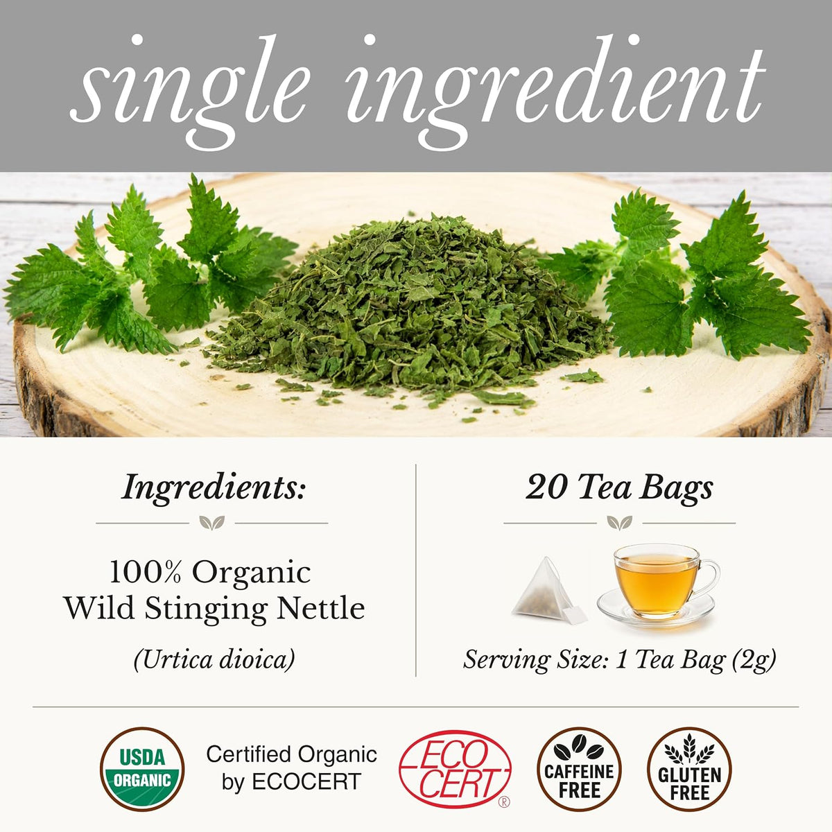 Wild Bliss Organic Wild Stinging Nettle Leaf Tea - Caffeine Free Urinary Tract Herbal Support - Pharmacopoeia Potency - 20 Plant Based Tea Bags