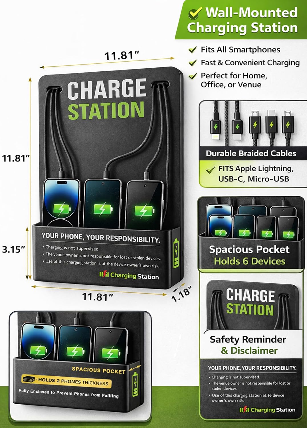 Commercial Wall Mounted Cell Phone Charging Station with 6 Charging Cables