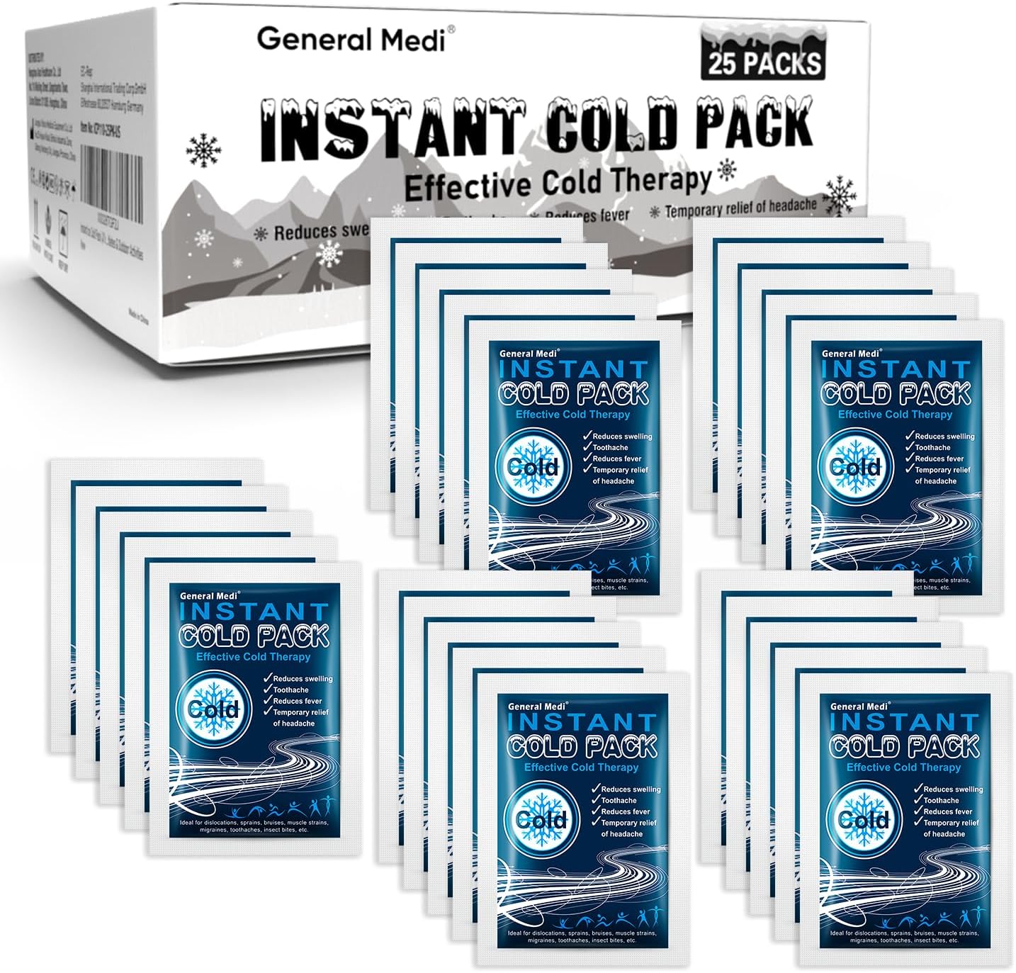 General Medi Instant Ice Cold Pack (4”x 5.5”) – 8 Packs Disposable Cold Therapy Ice Packs for Pain Relief, Swelling, Inflammation, Sprains, Toothache – for Athletes & Outdoor Activities