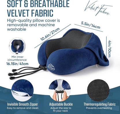 SkytraxComf® Travel Neck Pillow with Hood for Privacy on Long Flights | Memory Foam | Airplane Sleep | Safety-Tested Materials | Extra Large Hood | Chin Support | Earplugs | Washable Cover