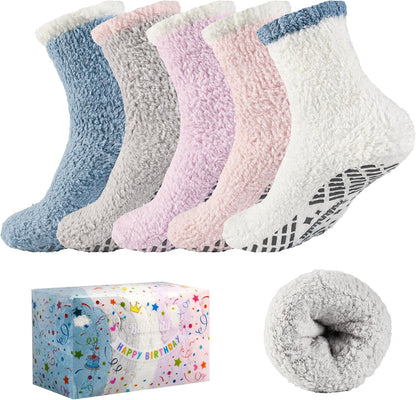 Bulinlulu Fuzzy Socks With Grips for Women, 5 Pairs Non Slip Sleep Warm Fluffy Slipper Socks Gifts for Women