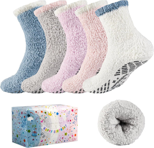 Bulinlulu Fuzzy Socks With Grips for Women, 5 Pairs Non Slip Sleep Warm Fluffy Slipper Socks Gifts for Women