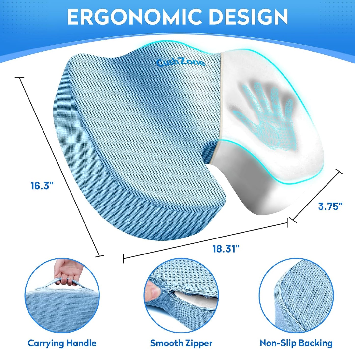 CushZone Seat Cushion - Memory Foam Office Chair Cushion for Sciatica, Tailbone & Back Pain Relief - Orthopedic Coccyx Pillow for Car, Airplane, Pregnancy & Long Sitting at Work, Black