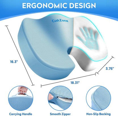 CushZone Seat Cushion - Memory Foam Office Chair Cushion for Sciatica, Tailbone & Back Pain Relief - Orthopedic Coccyx Pillow for Car, Airplane, Pregnancy & Long Sitting at Work, Black