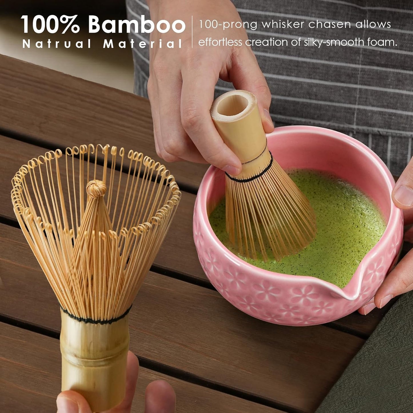 7Pcs Matcha Whisk Set, Matcha Set Whisk and Bowl,Bamboo Scoop, Scoop Rest, Sifter and Tea Towel, Matcha Kit W/Carved Cherry Blossm Pattern for Matcha Lovers (Sakura Pink)