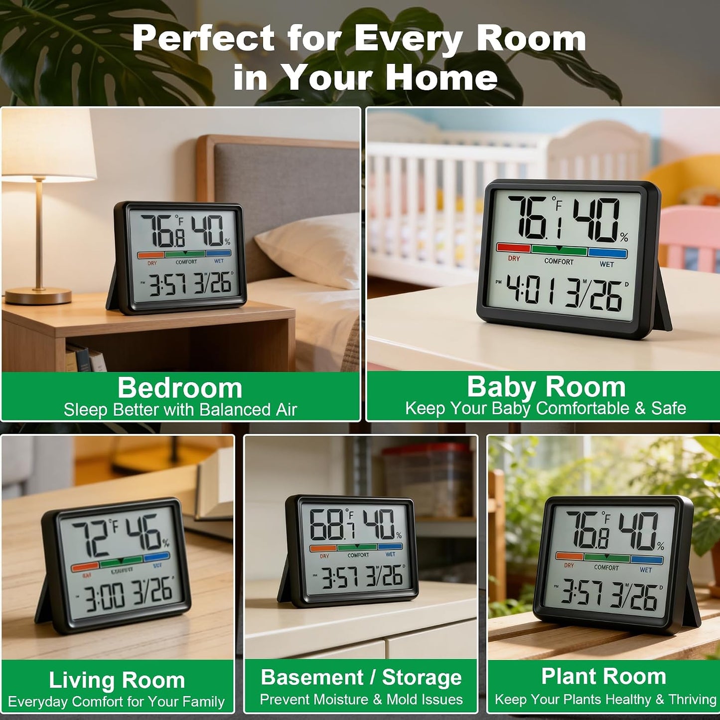 Digital Hygrometer Indoor Thermometer, Clock with Temp & Humidity, Temp Gauge with Comfort Indicator, Wall/Magnetic/Desk Alarm Clock for Bedroom, Baby Room, Office, Kitchen, Garage (White)