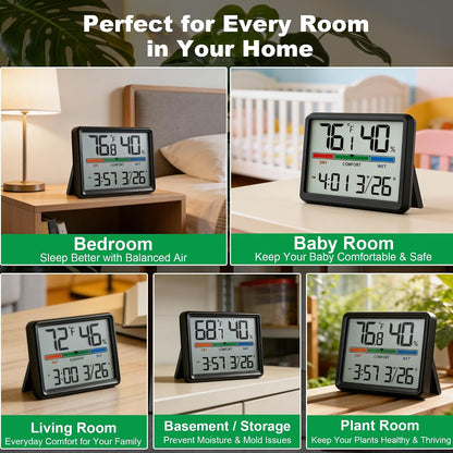 Digital Hygrometer Indoor Thermometer, Clock with Temp & Humidity, Temp Gauge with Comfort Indicator, Wall/Magnetic/Desk Alarm Clock for Bedroom, Baby Room, Office, Kitchen, Garage (White)
