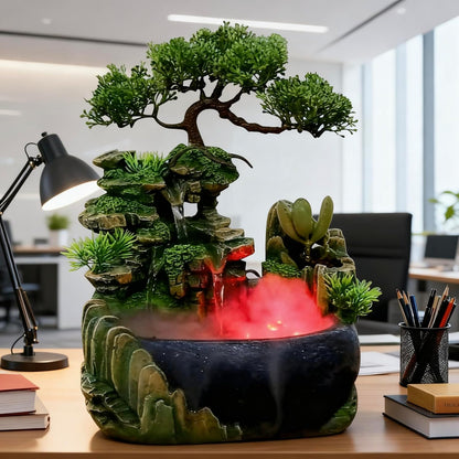 Mini Artificial Bonsai Tree Waterfall Fog Feature Rock Tabletop Fountain | 11in Desktop Decor Waterfall Fountain W/ Water Pump& Atomizer&LED Lights &Fake Tree Office Bedroom Relax