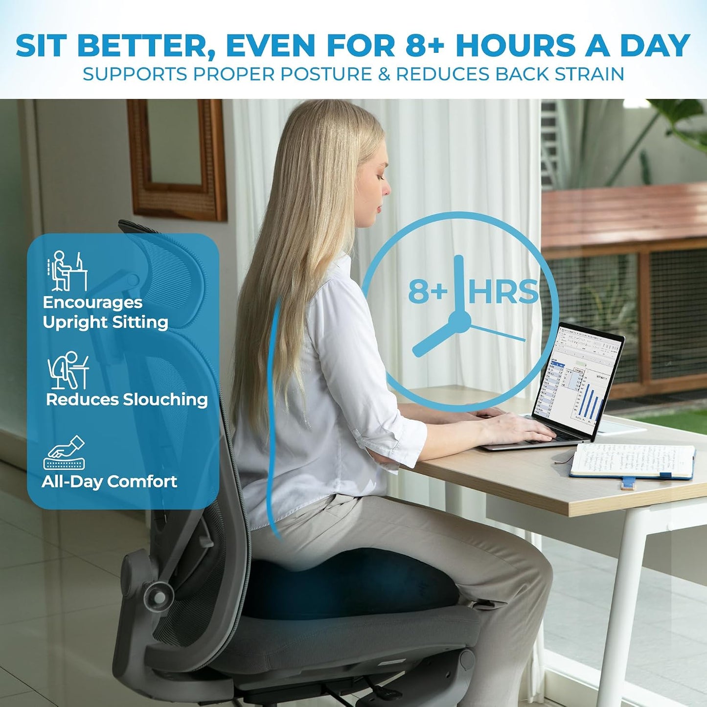 Seat Cushion, for Office Chairs, Coccyx & Tailbone Pain Relief, Ergonomic Design, Memory Foam, Non-Slip Washable Cover, for Office, Car, Wheelchair, Gaming