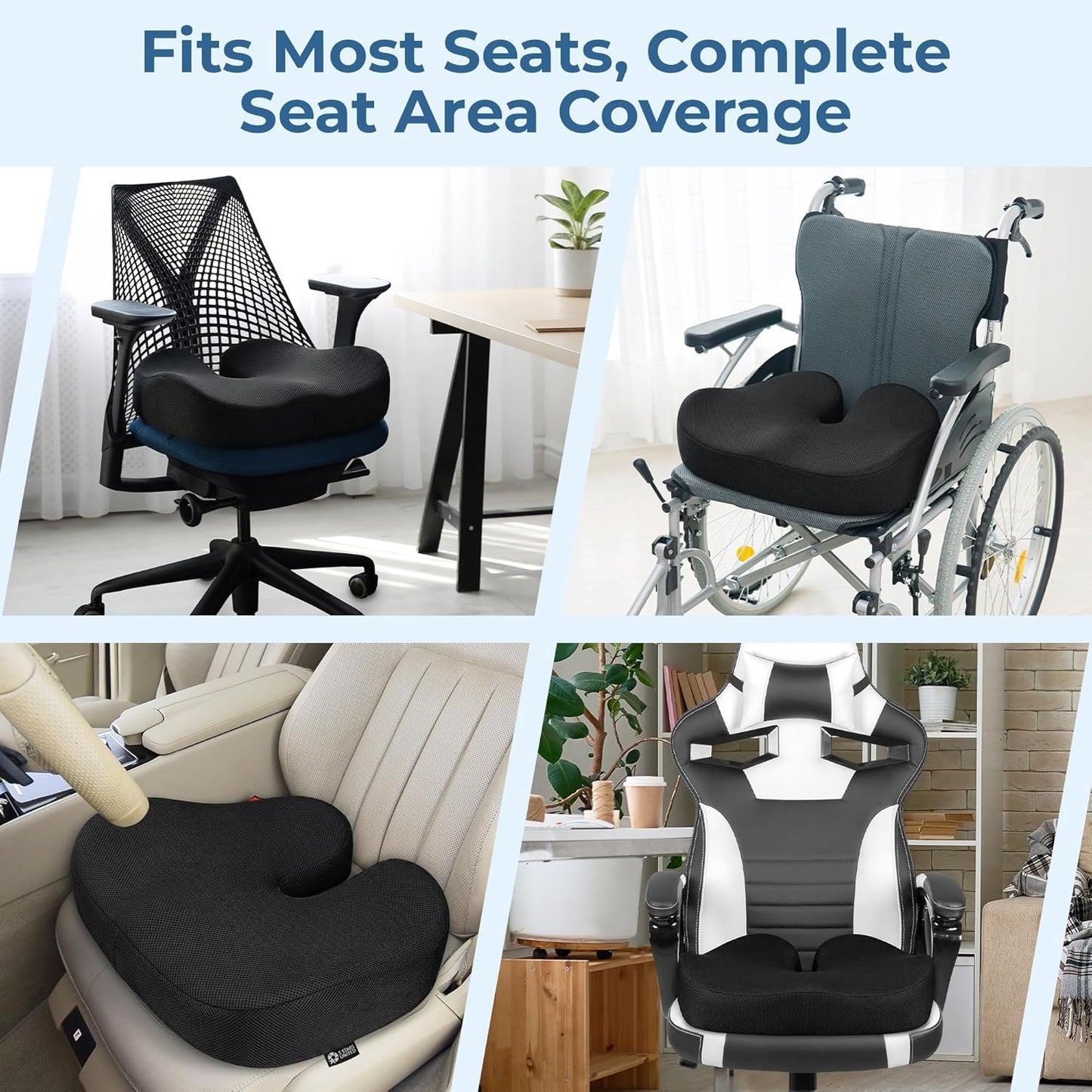 5 STARS UNITED Seat Cushion - Memory Foam Chair Cushion for Tailbone Pain Relief - Ergonomic Support for Coccyx, Sciatica & Butt - Office, Desk & Gaming Chair, Car Seat, Wheelchair, Black Suede