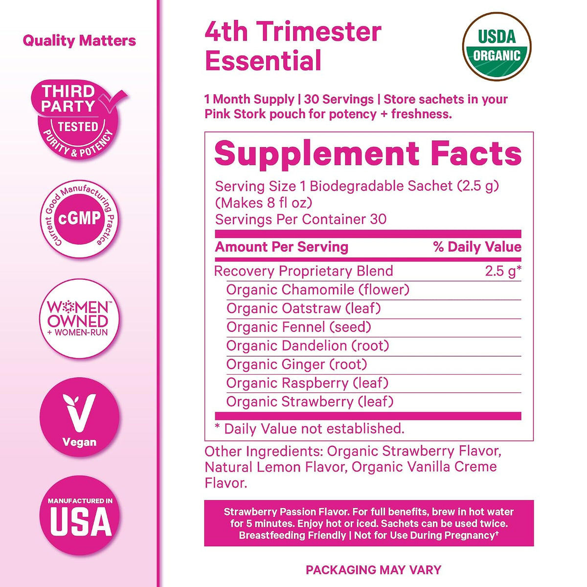 Pink Stork Postpartum Recovery® Herbal Tea, Strawberry, 15 Sachets