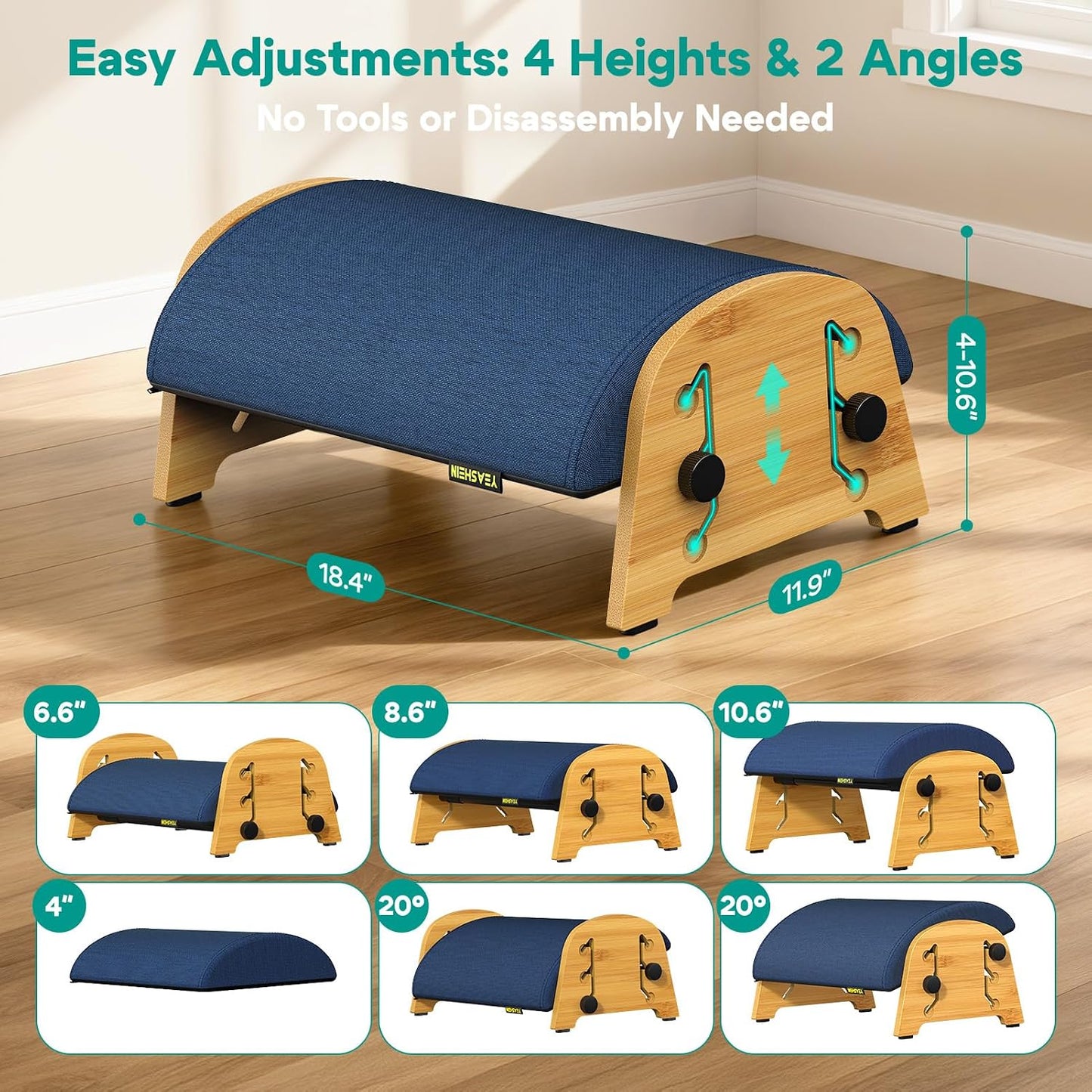 YEASHEIN Ergonomic Foot Rest Under Desk At Work, Bamboo Wood Adjustable Foot Stool Under Desk with 6 Positions, Office Footrests with Memory Foam, Leg Rest Used for Car, Home, PC Gaming Accessories