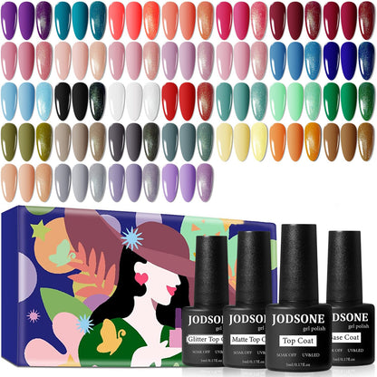 JODSONE Gel Nail Polish Kit 60 PCS with U V Light Soak off Base Top Coat 55 Shine Colors Gel Nail Kit Bright and Dark Brown Wine Red Series Manicure Set for Women and Girls
