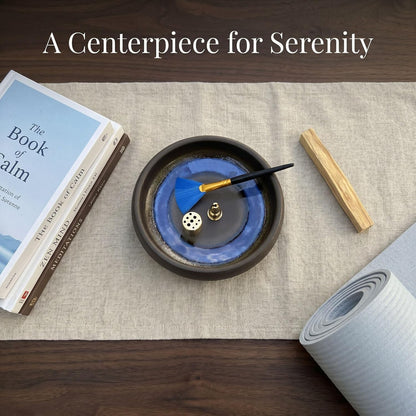 6 Inch Incense Holder with Ash Catcher,Handmade Crack Blue Glaze Ceramic Incense Burner Bowl with 9-Hole Design for Sticks,Cones,Coils Sage,Palo Santo - Perfect for Meditation,Yoga & Zen Home Décor