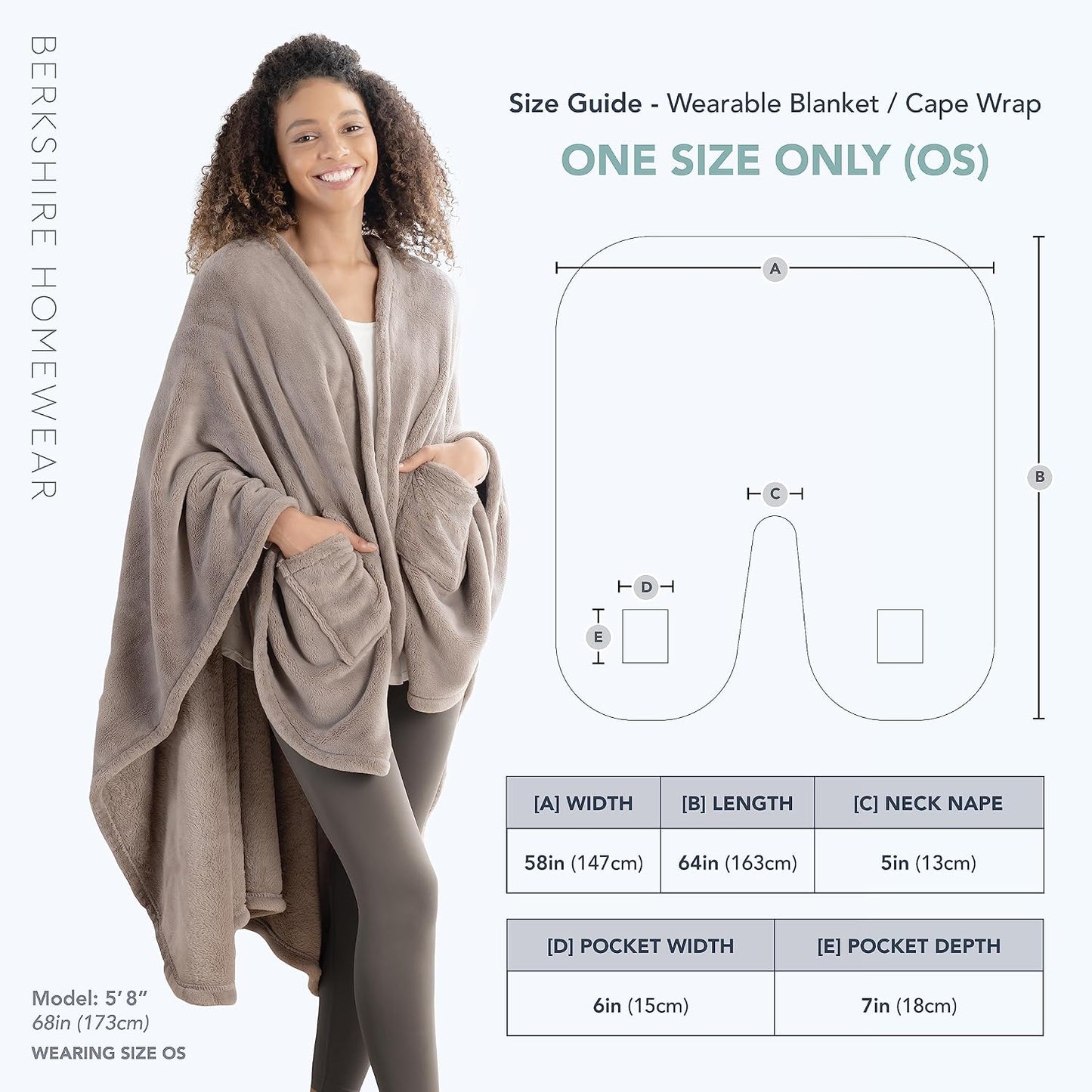 Berkshire Blanket Primalush™ Wearable Blanket, Cozy Loungewear Pocketed Plush Cape Wrap for Adults & Teens(Purple, One Size 58"X64")