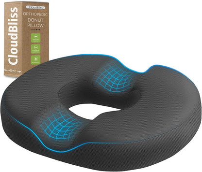 CloudBliss Donut Pillow Stadium Seat Cushion for Tailbone Pain Relief and Hemorrhoids, Memory Foam Seat Chair Cushion, Portable Seat Cushions for Bleachers, Car, Home & Office