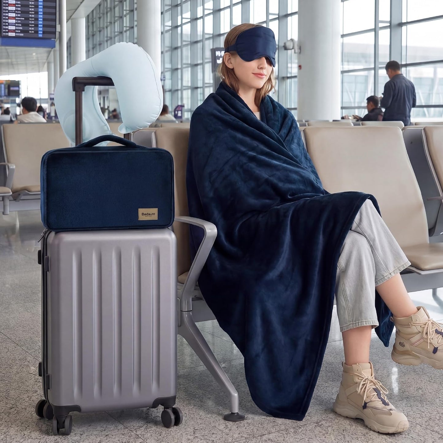 Bedsure Travel Blanket Set with Inflatable Neck Pillow and Eye Mask, Grey