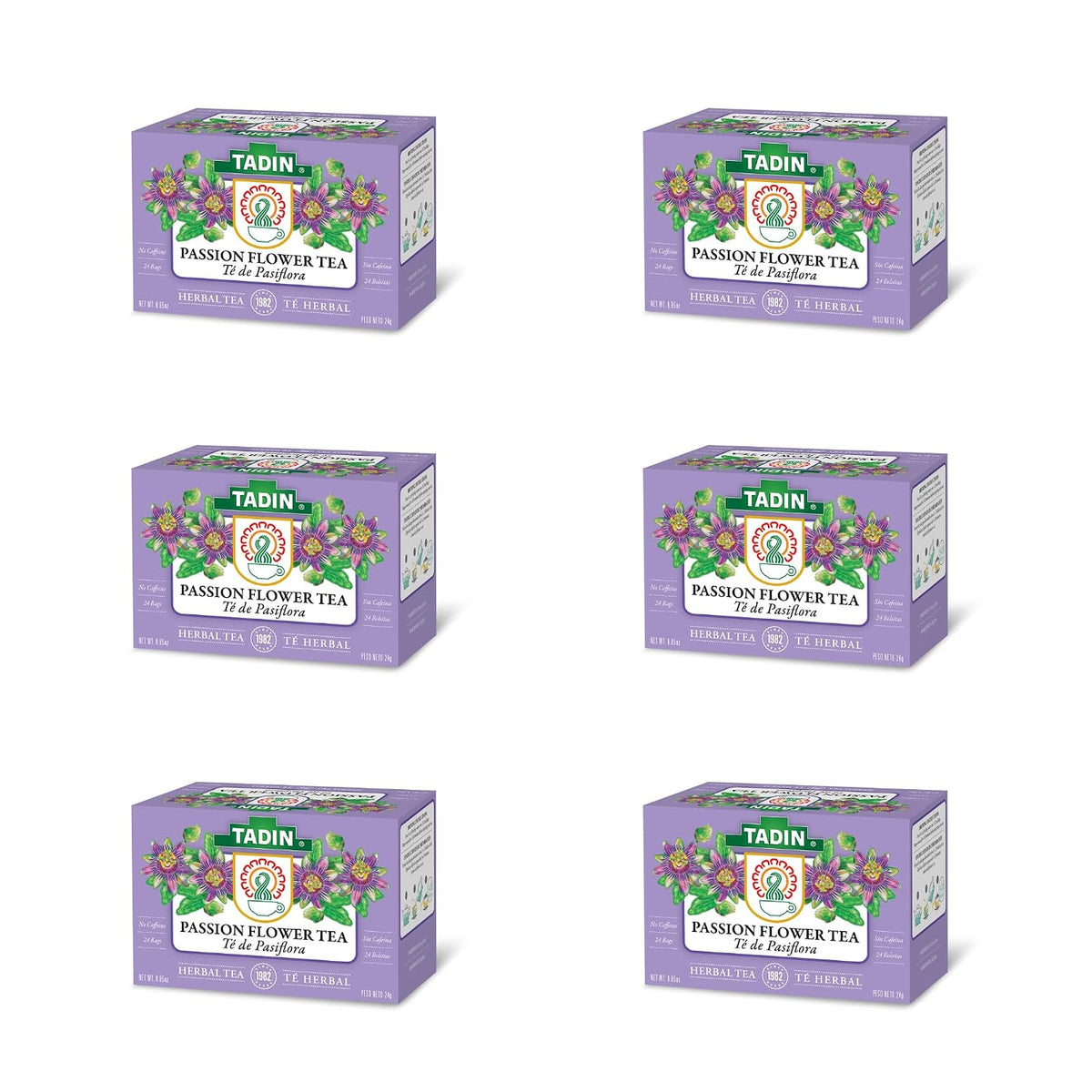 Tadin Passion Flower Herbal Tea, Caffeine Free, 24 Tea Bags Per Box, Pack of 6 Boxes Total
