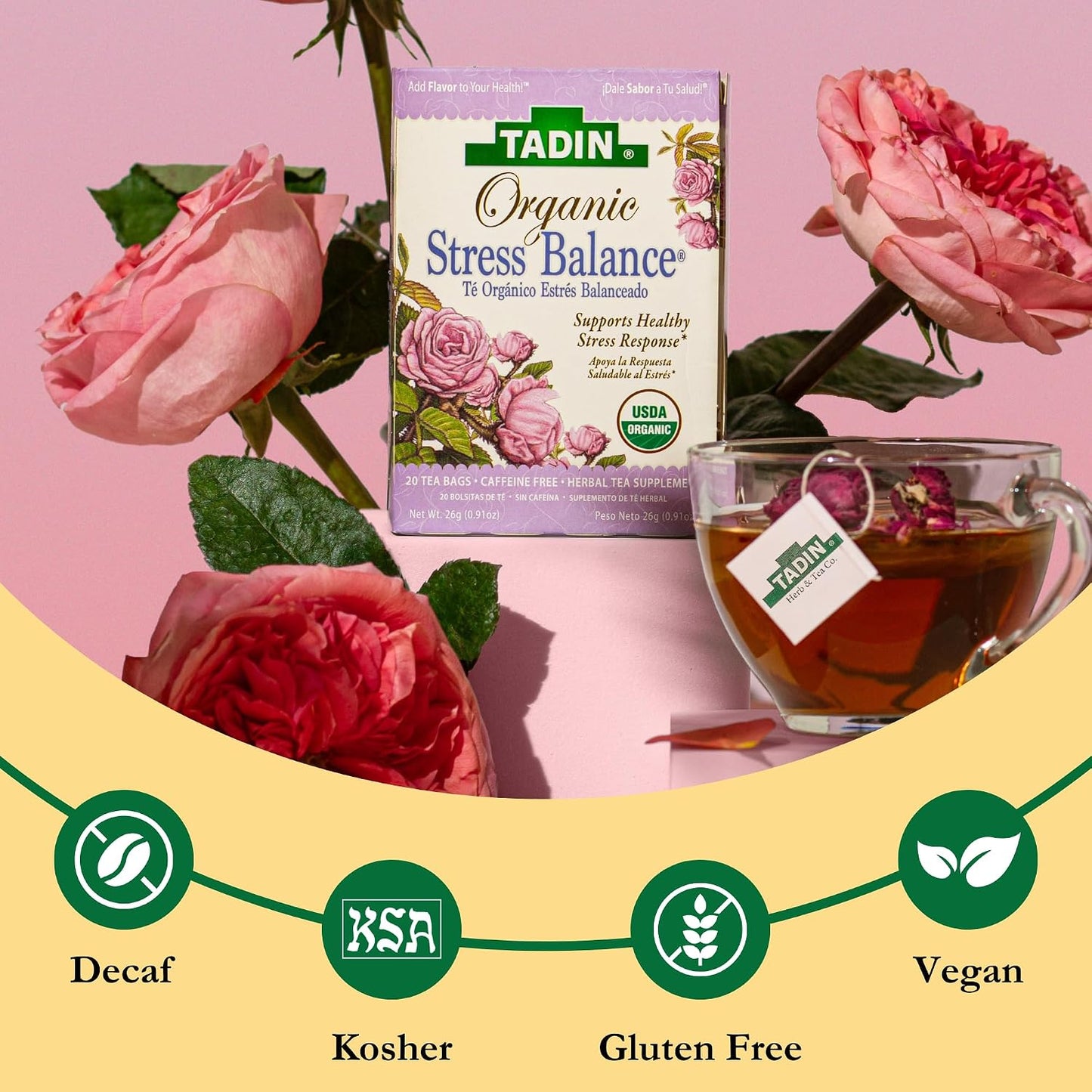 Tadin Organic Chamomile Lavender Tea, Caffeine Free Herbal Tea to Promote Serenity, 20 Tea Bags Per Box, Pack of 6