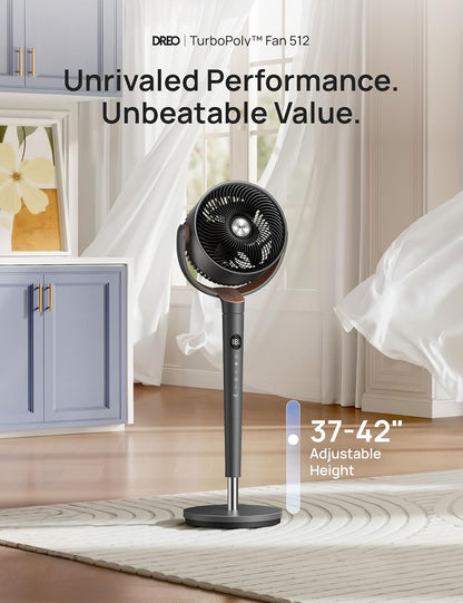 DREO Fan for Bedroom, 120° Oscillating Standing Fan, Quiet Floor Fan with DC Motor, Pedestal Fan for Room, 9 Speeds, 4 modes, 20dB, 120° Manual Vertical, 37-42" Adjustable Height, 9H Timer, Dark Gray