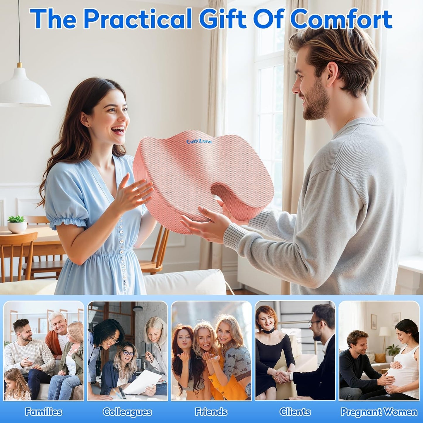 CushZone Seat Cushion - Memory Foam Office Chair Cushion for Sciatica, Tailbone & Back Pain Relief - Orthopedic Coccyx Pillow for Car, Airplane, Pregnancy & Long Sitting at Work, Black