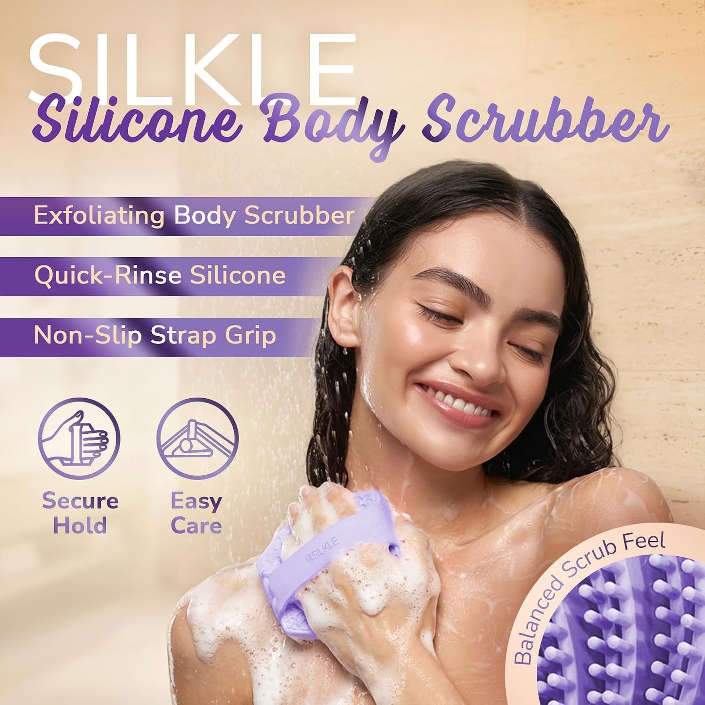 SILKLE Silicone Body Scrubber – Gentle Exfoliating Shower Scrubber for Body & Bath, Silicone Shower Brush & Loofah Alternative – Non-Slip Silicone Body Brush, Quick Dry, Hygienic - Pink