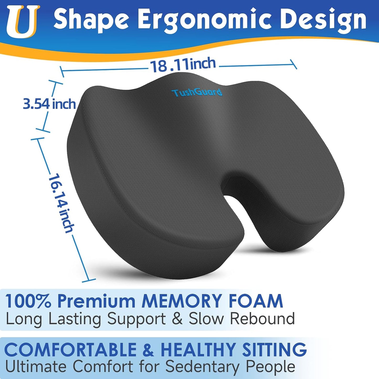 TushGuard Seat Cushion for Office Chair Memory Foam Non-Slip Desk Seat Cushion Back, Coccyx, Sciatica, Tailbone Pain Relief Butt Pillow for Office Chair, Car, Wheelchair, Black