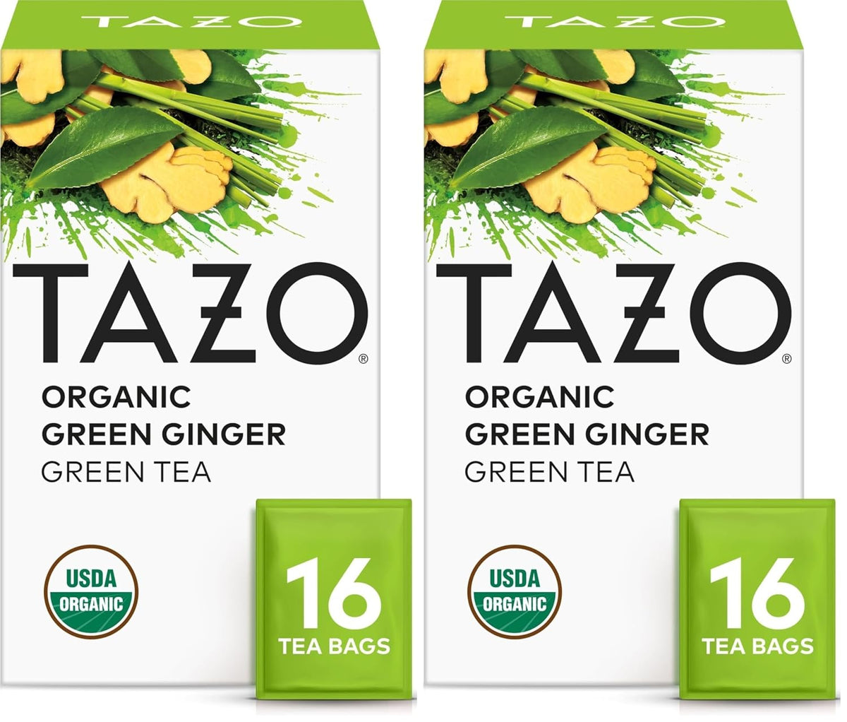 TAZO Organic Green Tea, Green Ginger, Caffeinated Tea, 16 Total Bags (Pack of 2)