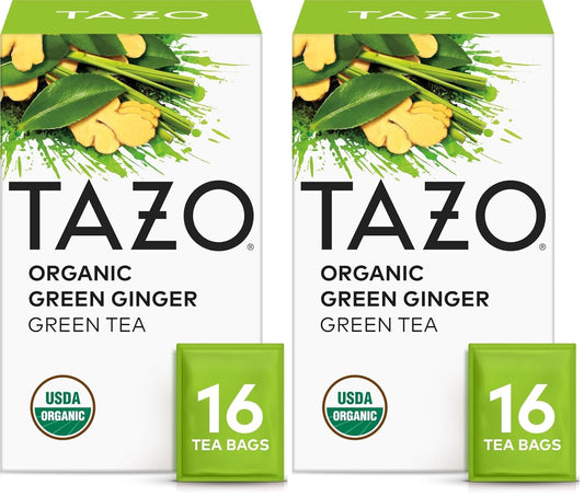 TAZO Organic Green Tea, Green Ginger, Caffeinated Tea, 16 Total Bags (Pack of 2)