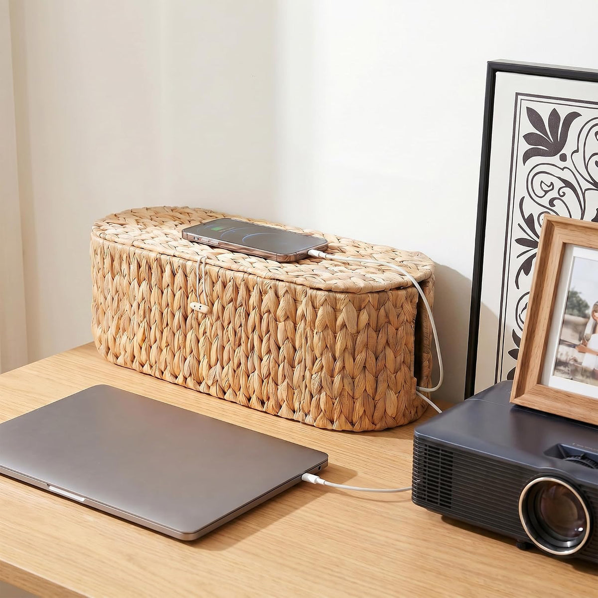 Set of 2 Cable Management Box, Handwoven Cord Hider Box with 3 Open Slots