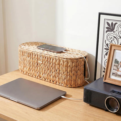 Set of 2 Cable Management Box, Handwoven Cord Hider Box with 3 Open Slots