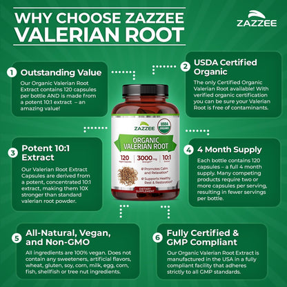 Zazzee USDA Organic Valerian Root 10:1 Extract, 120 Vegan Capsules