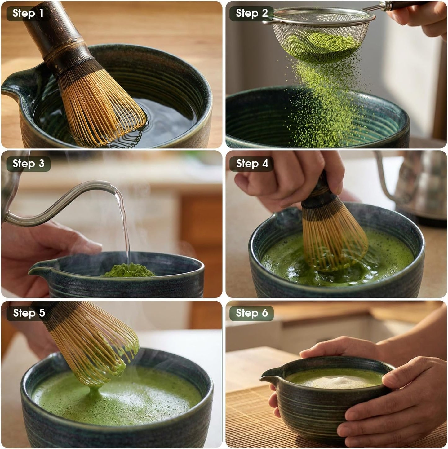 Matcha Whisk Set 7-Piece with Handmade Matcha Bowl & 100-Prong Purple Bamboo Whisk (Chasen), Complete Matcha Kit with Holder, Scoop & Rest, Bamboo Tea Mat, Gift-Ready Matcha Set