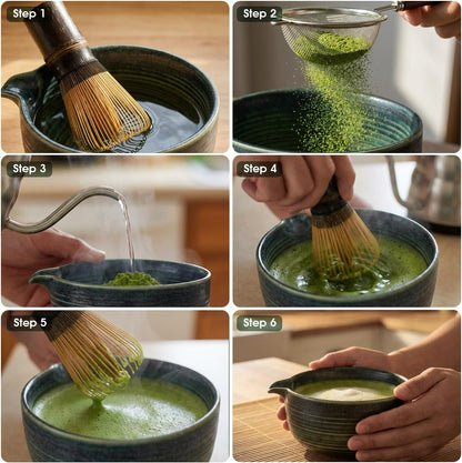 Matcha Whisk Set 7-Piece with Handmade Matcha Bowl & 100-Prong Purple Bamboo Whisk (Chasen), Complete Matcha Kit with Holder, Scoop & Rest, Bamboo Tea Mat, Gift-Ready Matcha Set