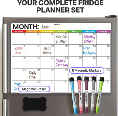 Magnetic Whiteboard for Fridge - Large Dry Erase Calendar for Wall | 2 Magnetic Dry Erase Board 10.5" x 16.5" & 7" x 16.5", Monthly Goal Setting & Habit Tracker, 5 Markers and 6 Adhesive Hooks