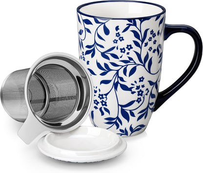 vancasso SELENE Porcelain Tea Mug, 18 oz Porcelain Tea Cup with Infuser and Lid Steeps Loose Leaf Tea, Microwave & Dishwasher Safe, Blossom Cluster