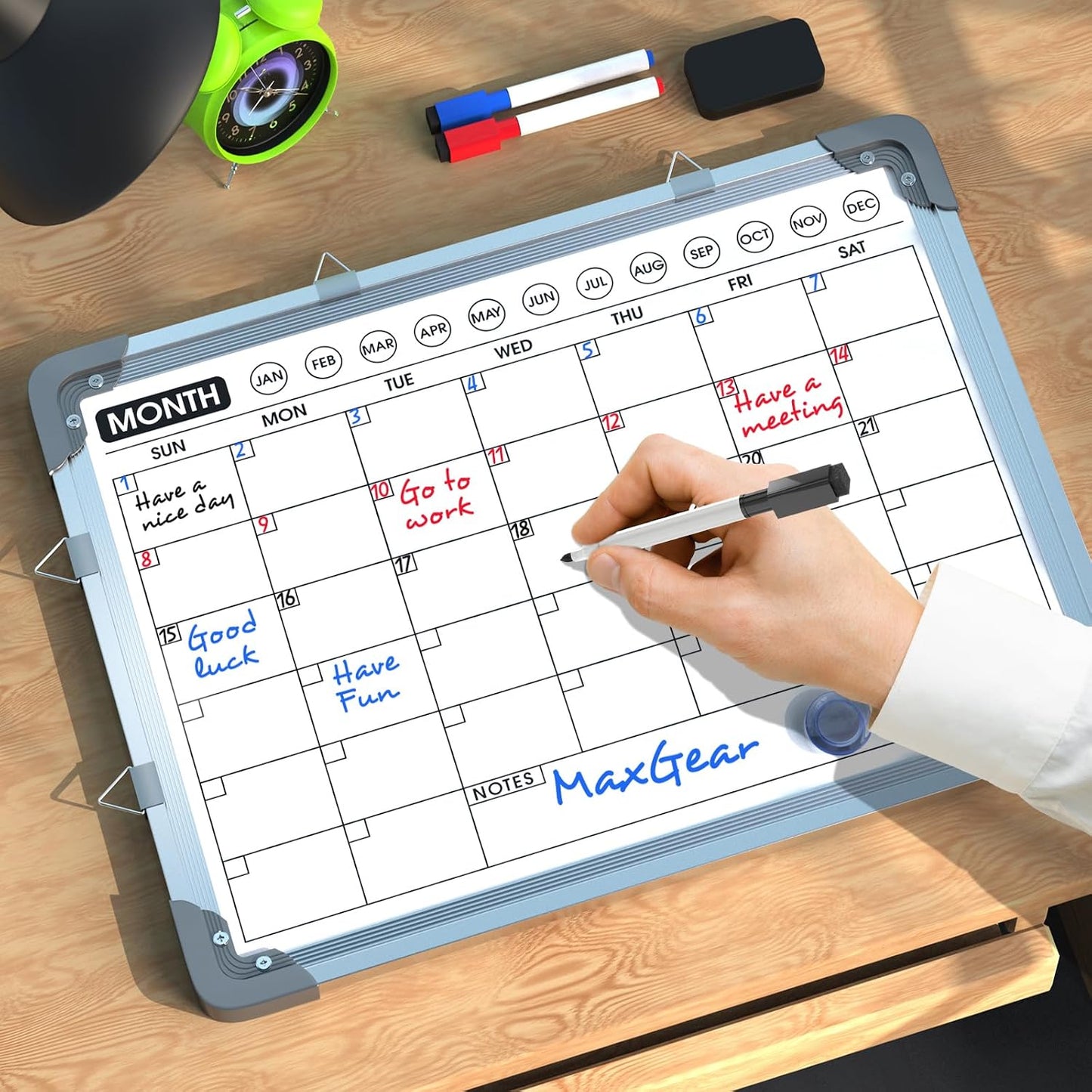 MaxGear Monthly Calendar Dry Erase Board for Wall, 16"x12", White Frame | Double-Sided, Hanging Small White Board, Portable Whiteboard for Planning, Drawing, Memo, to Do List, Home, Kitchen, Office