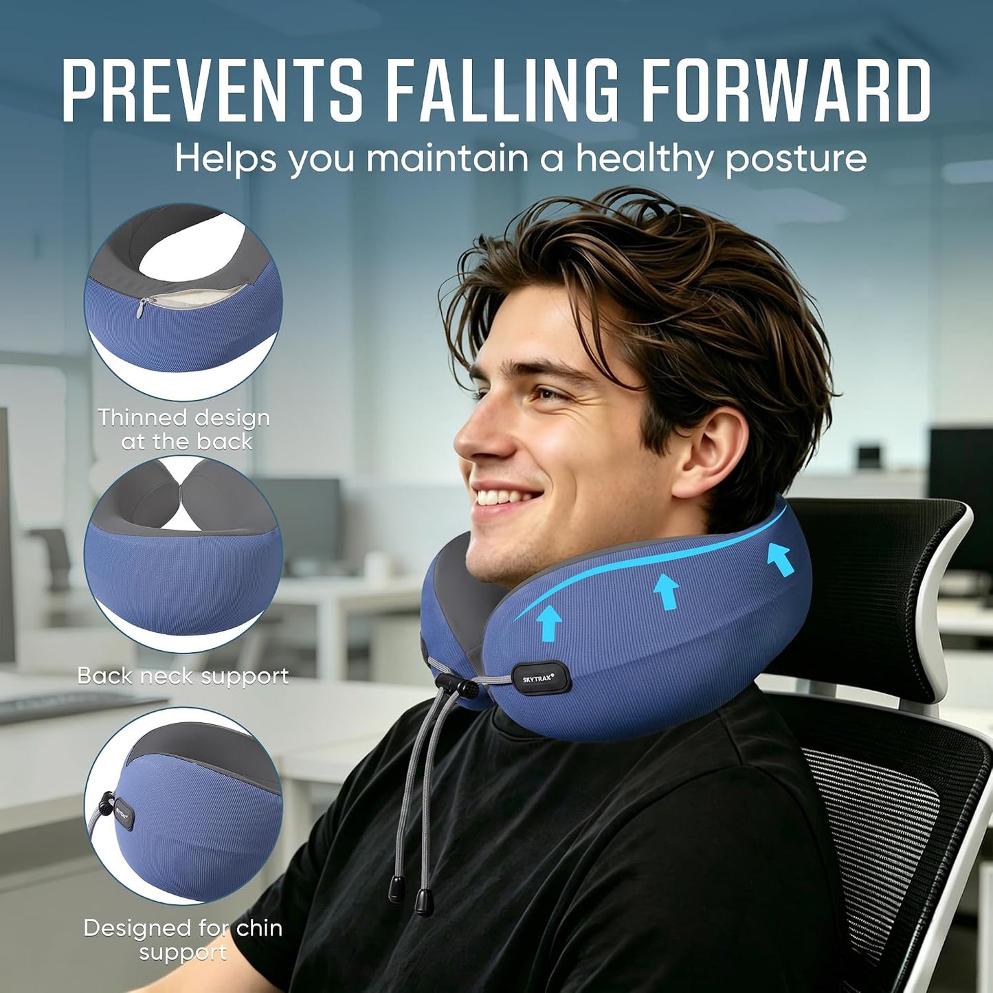 SKYTRAX COMF® Premium Ergonomic Memory Foam Travel Neck Pillow, Washable Cooling Ice Silk Cover, Firm Neck Support for Airplane Long Flights & Pain Relief, with Portable Carry Case (Grey)