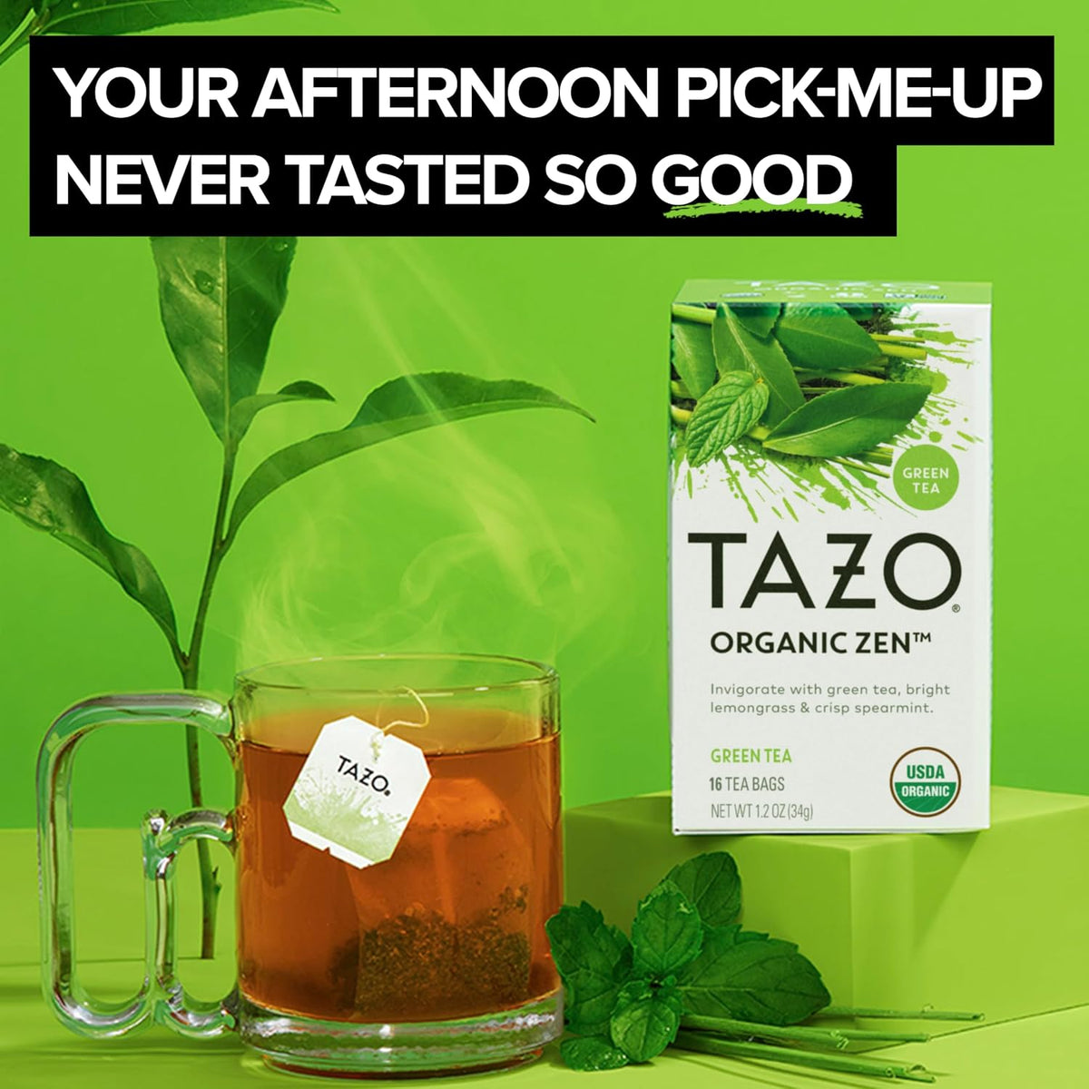 TAZO Organic Zen Green Tea, Caffeinated Tea with Refreshing Lemongrass & Spearmint, 36 Total Bags