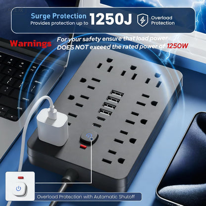 6 FT Flat Plug Surge Protector Power Strip,11 AC Outlets with 6 USB Ports
