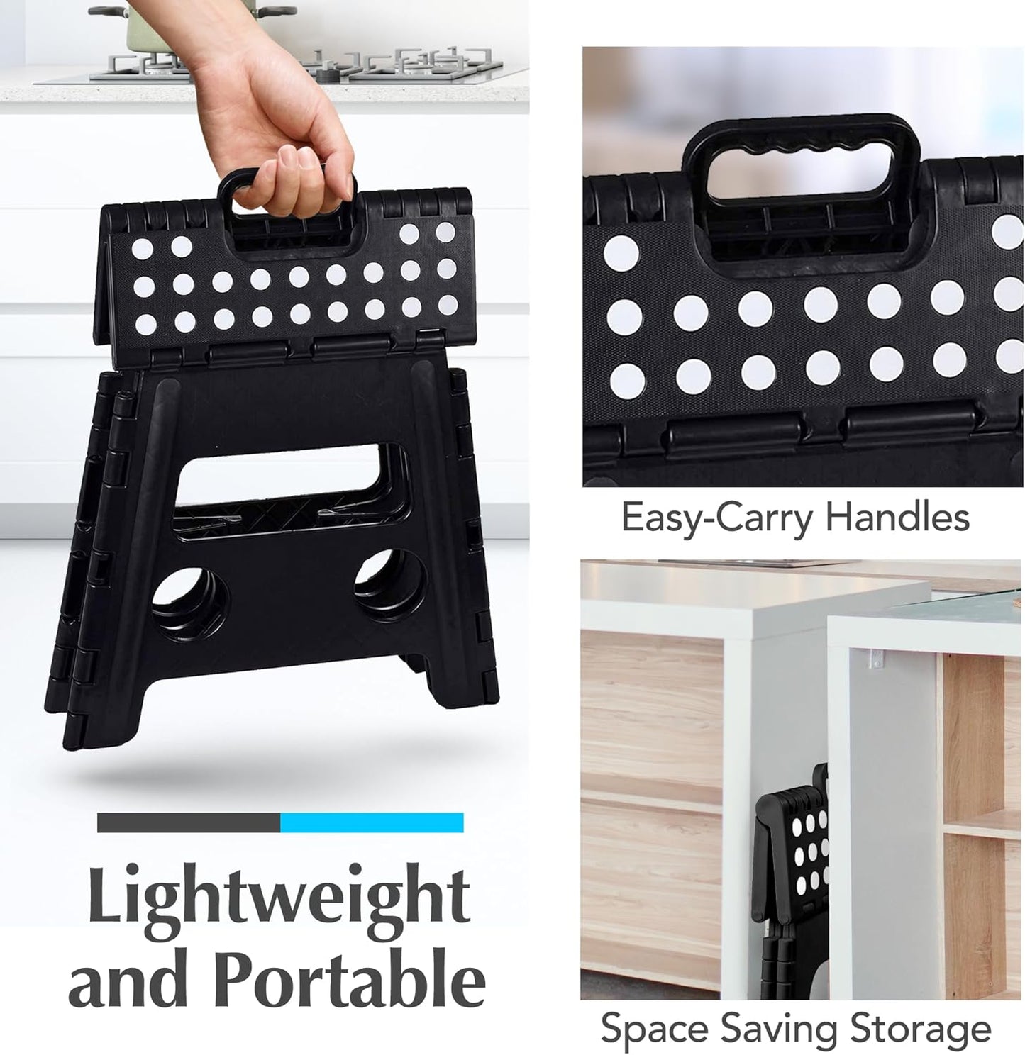 Handy Laundry Folding Step Stool - Sturdy Enough Collapsible Stool to Support Adults - Opens Easy with One Flip - Great for Kitchen, Bathroom or Bedroom (Black - 9 Inch)