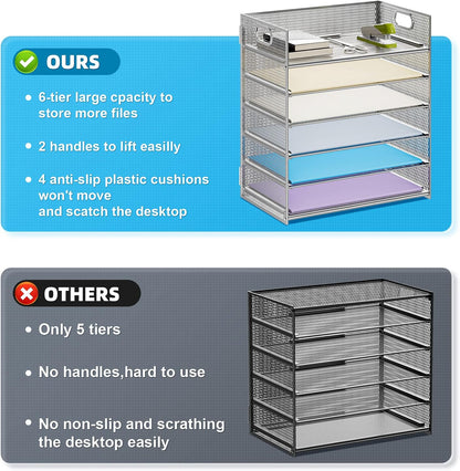 Marbrasse 6 Tier Paper Organizer Letter Tray - Mesh Desk File Organizer with Handle, Paper Sorter Organizer for Letter/A4 Office File Folder Holder - Black
